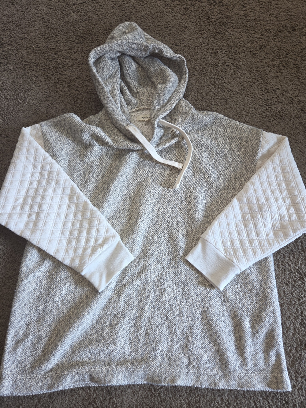 Madewell Gray Hooded Knit Sweater with Quilted White Sleeves